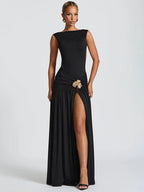 Metal Flower Backless Ruched Maxi Dress