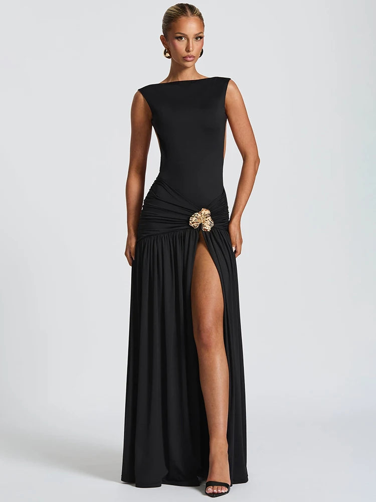 Metal Flower Backless Ruched Maxi Dress