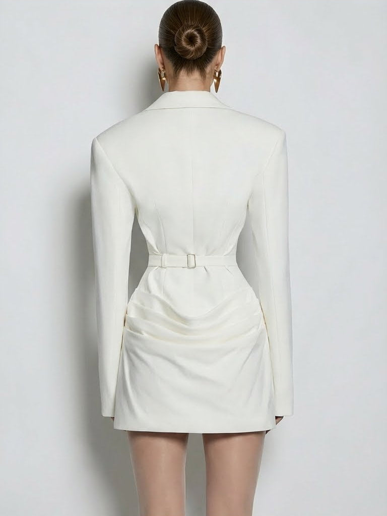 Mini-Blazerkleid mit V-Ausschnitt und Raffungen – Weiß