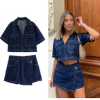 Women’s Spring V-Neck Denim Shirt & Mini Skirt Set – Casual Double-Breasted Two-Piece Outfit