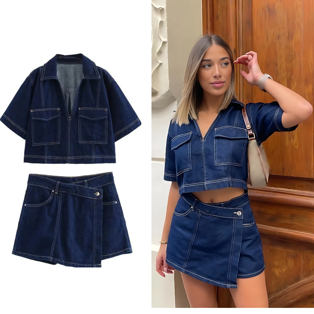 Women’s Spring V-Neck Denim Shirt & Mini Skirt Set – Casual Double-Breasted Two-Piece Outfit