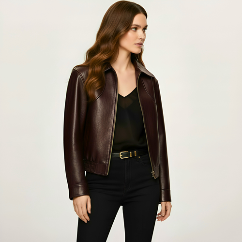 Burgundy Minimalist Leather Jacket