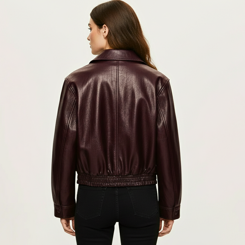 Burgundy Leather Jacket – Minimalist Zip-Up Outerwear