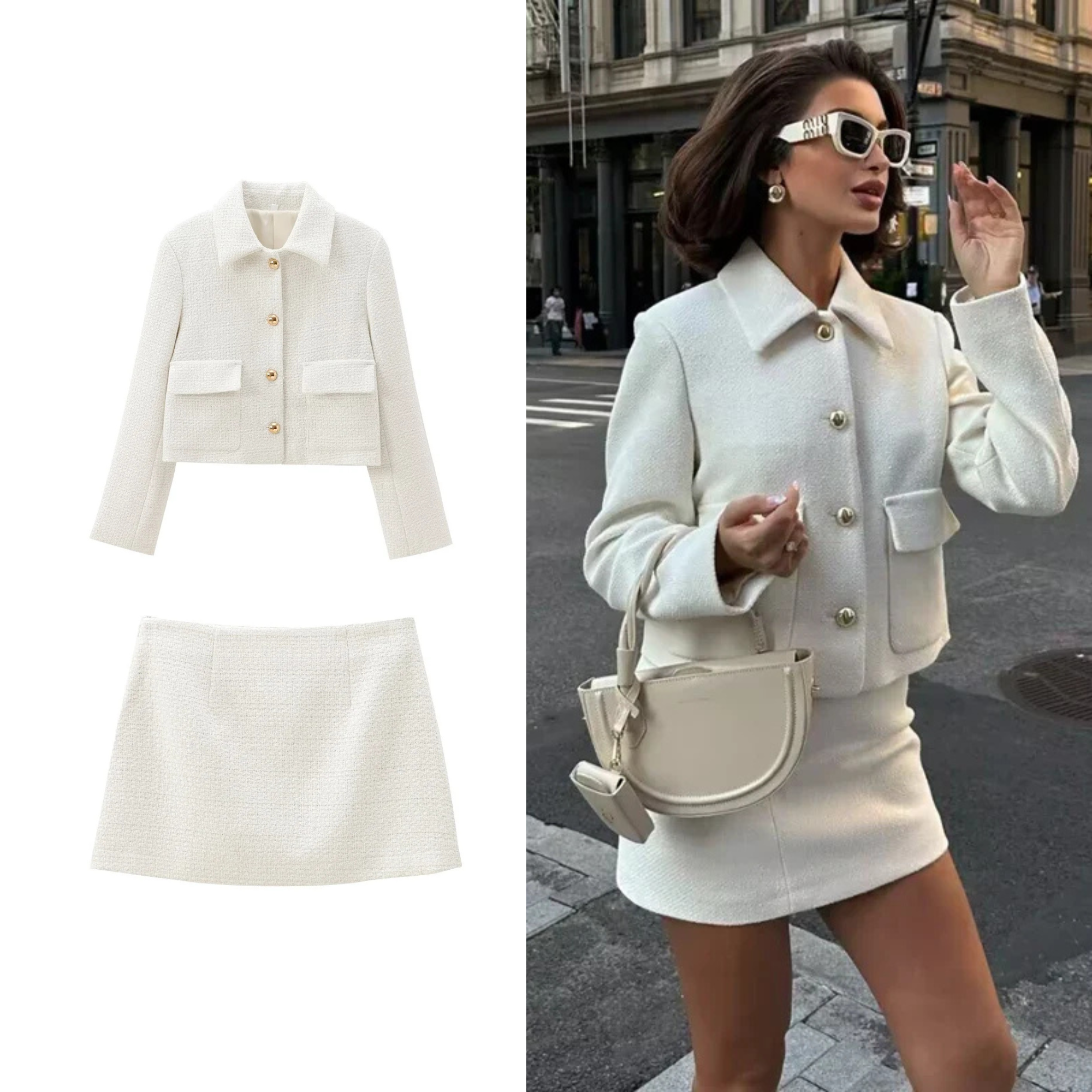 White Cropped Tweed Bomber Jacket for Women – Streetwear Varsity Style Spring Outerwear