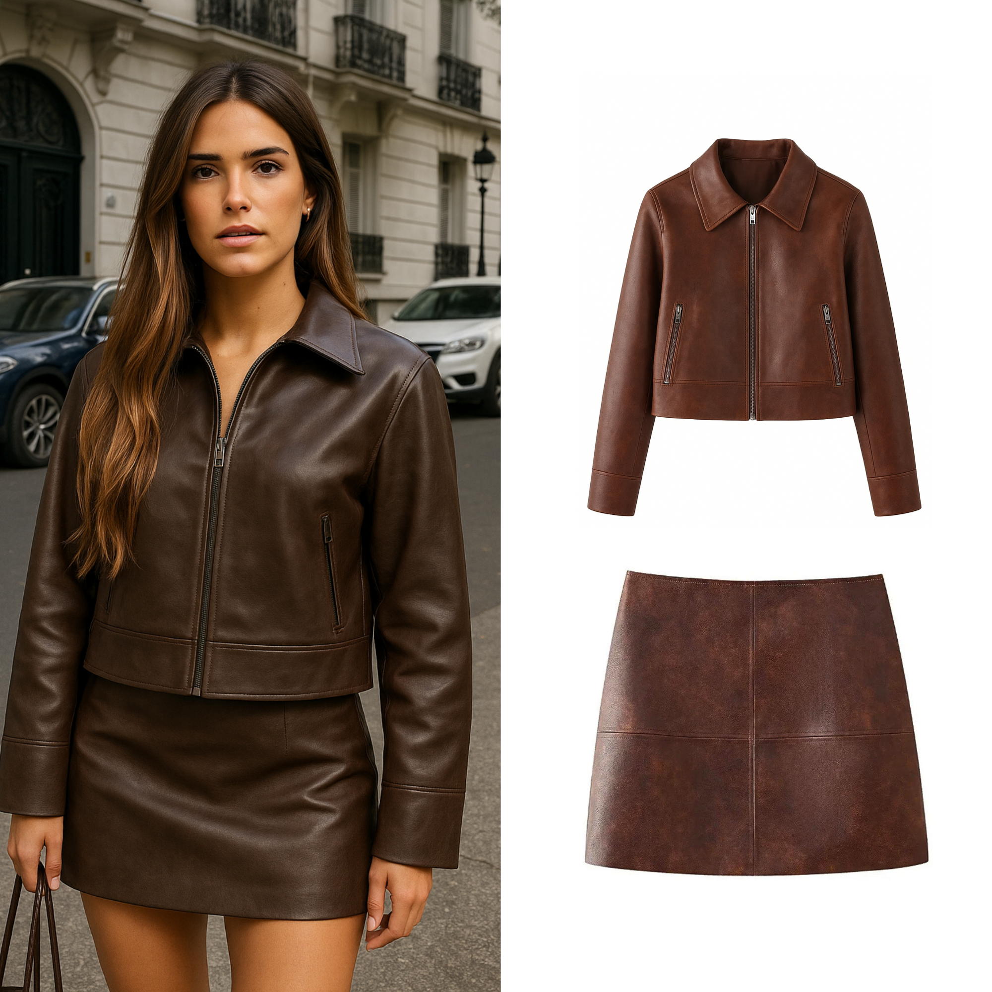 Faux Leather Zip-Up Set – Jacket & Mini Skirt Combo