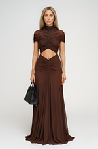 Coffee Mesh Cut-Out Maxi Dress