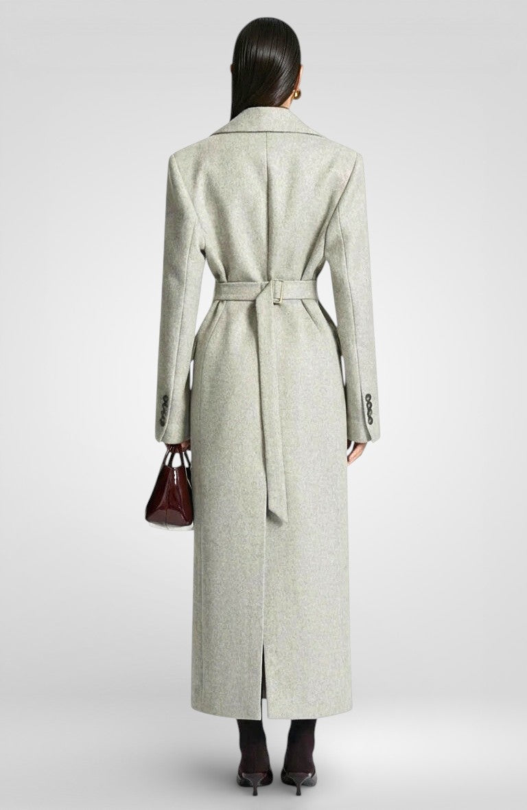 Elegantní maxi kabát z vlněné směsi s páskem - světle šedý 