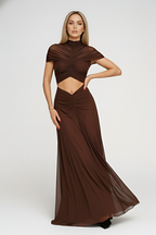 Coffee Mesh Cut-Out Maxi Dress