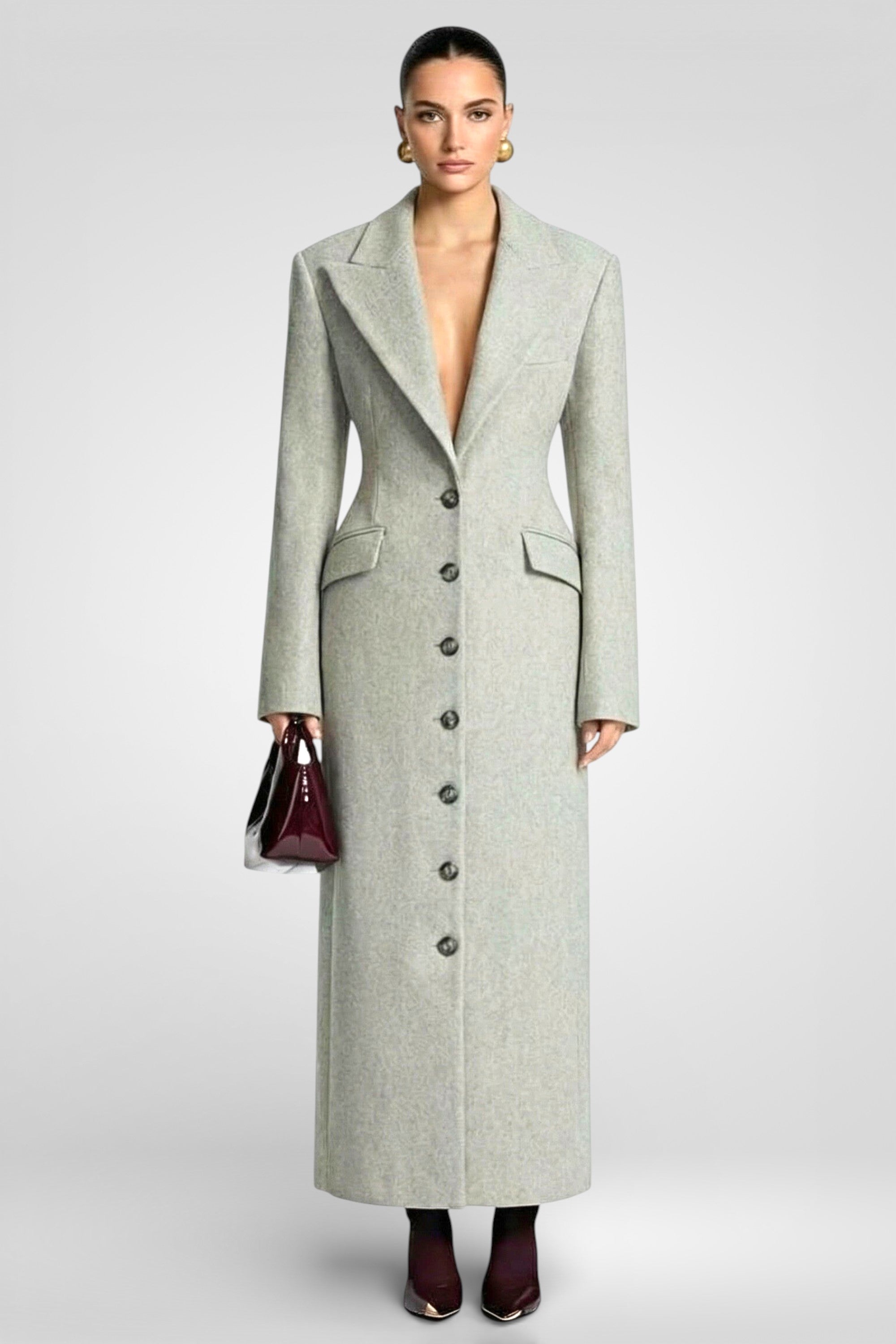 Elegant Wool-Blend Maxi Coat with Belt - Light Grey