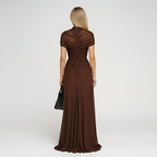 Coffee Mesh Cut-Out Maxi Dress