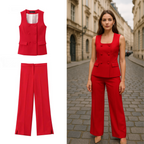 Women's Vintage Two-Piece Suit Set – Sleeveless Vest & Split Straight-Leg Pants | Spring Summer Office Outfit
