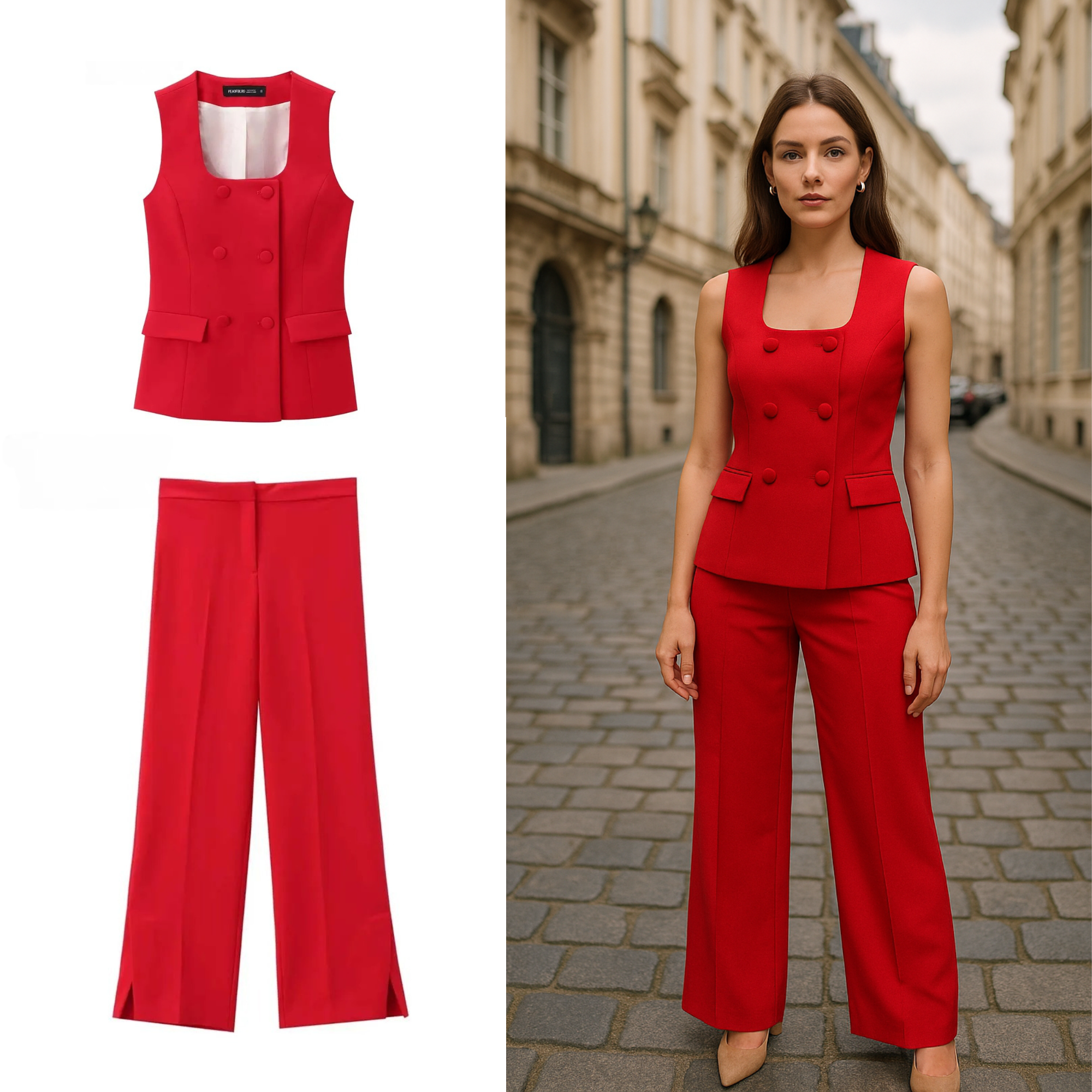 Women's Vintage Two-Piece Suit Set – Sleeveless Vest & Split Straight-Leg Pants | Spring Summer Office Outfit