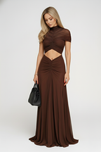 Coffee Mesh Cut-Out Maxi Dress