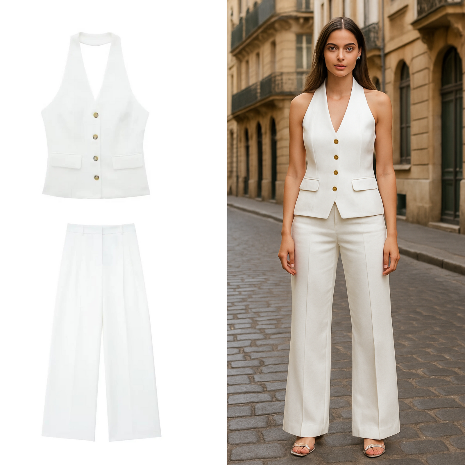 Dámská dvoudílná kancelářská souprava – top s ramínky a kalhoty s vysokým pasem a širokými nohavicemi s kapsami 