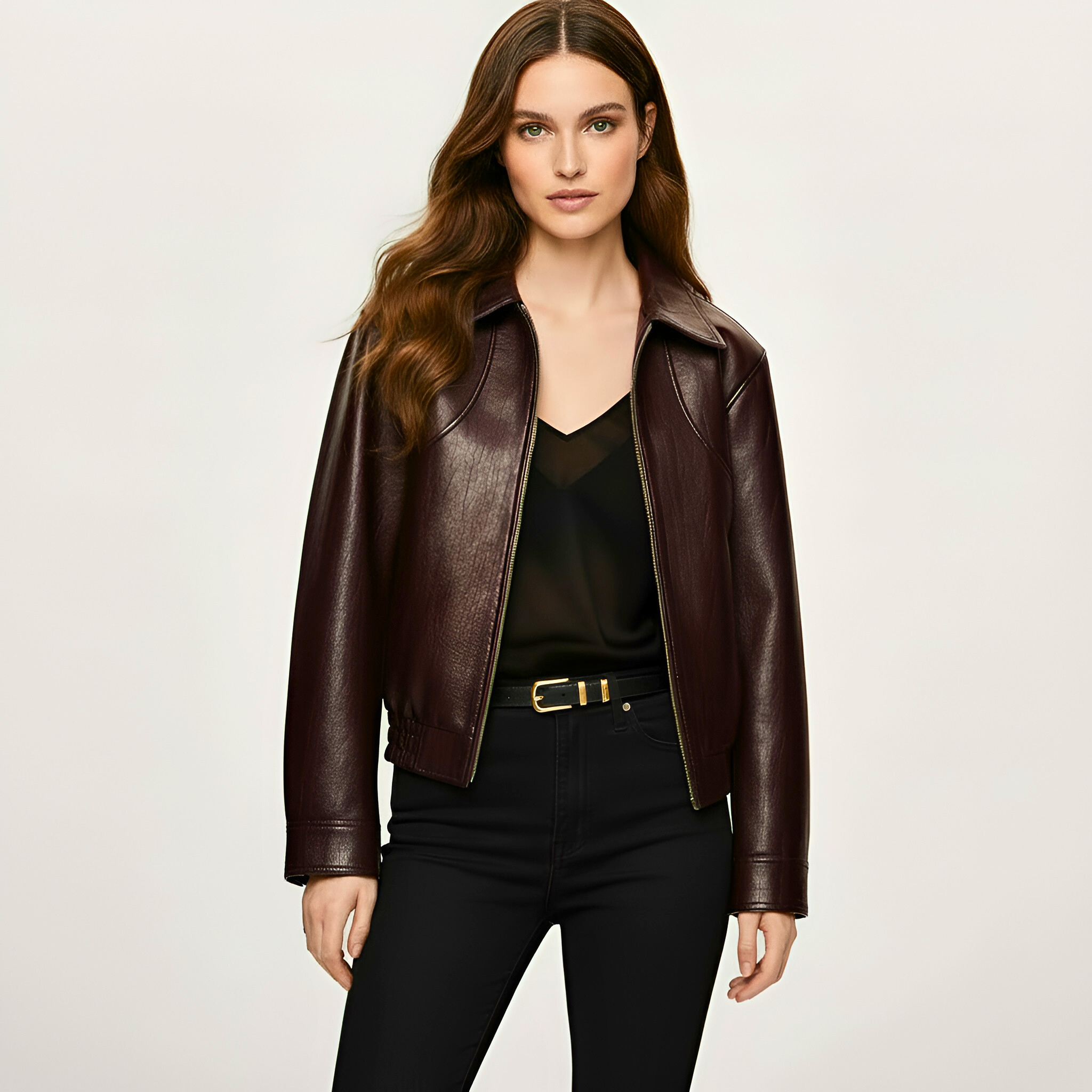 Burgundy Leather Jacket – Minimalist Zip-Up Outerwear