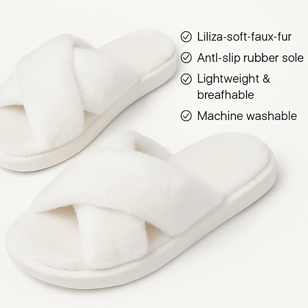 Fashion Cross Strap Fur Slippers – Women’s Faux Fur Plush Indoor Flats