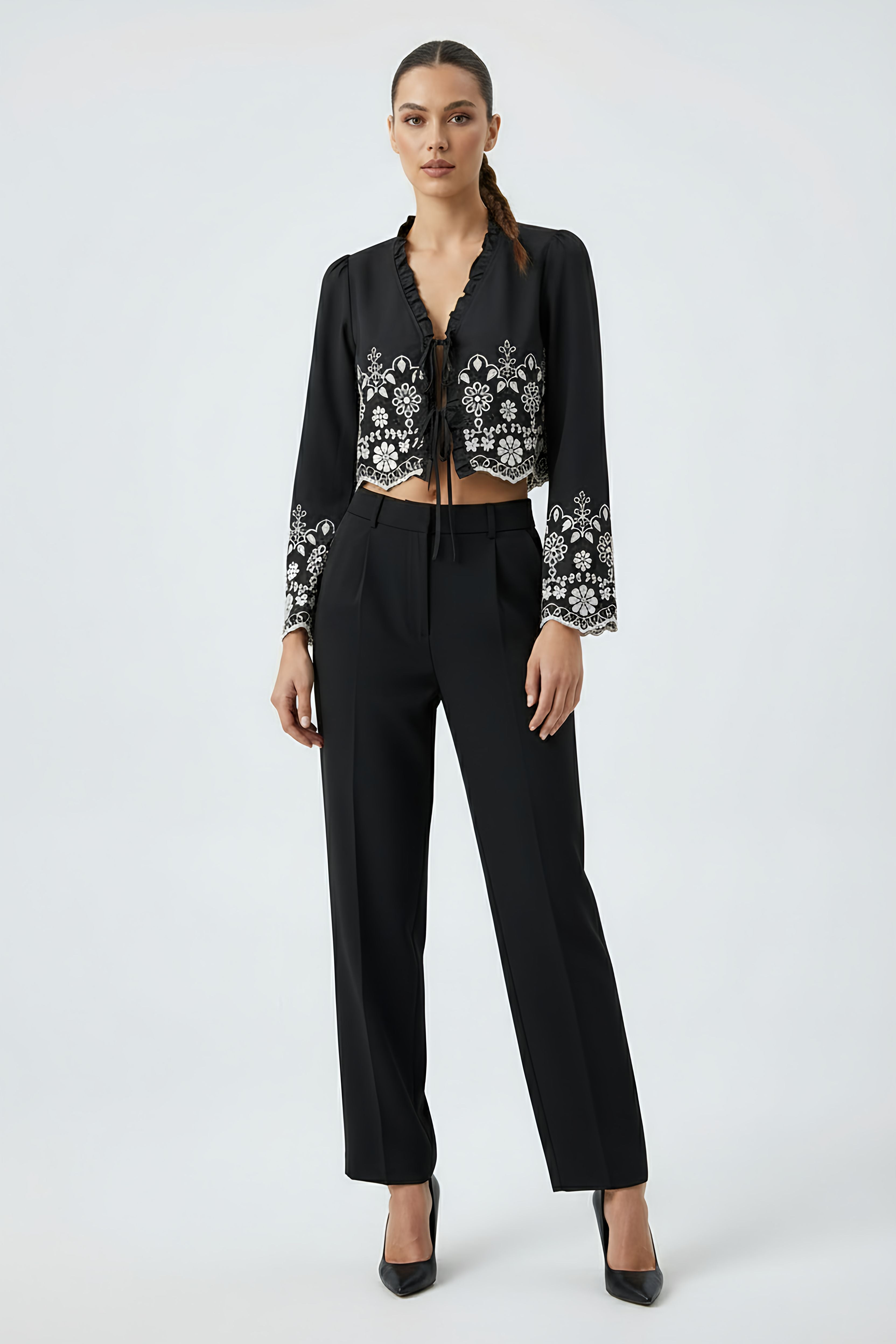 Women's Embroidered Cropped V-Neck Blouse with Lace-Up Detail – Summer Retro Chic Top