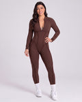 Sculpted Compression Zip-Up Jumpsuit - Brown