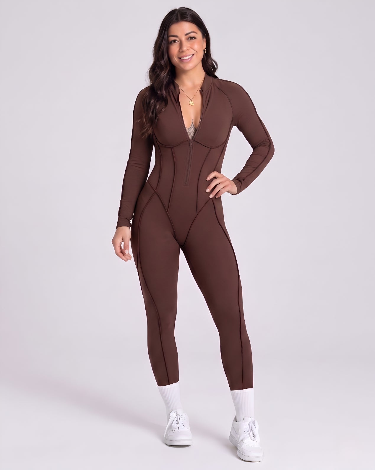 Sculpted Compression Zip-Up Jumpsuit - Brown