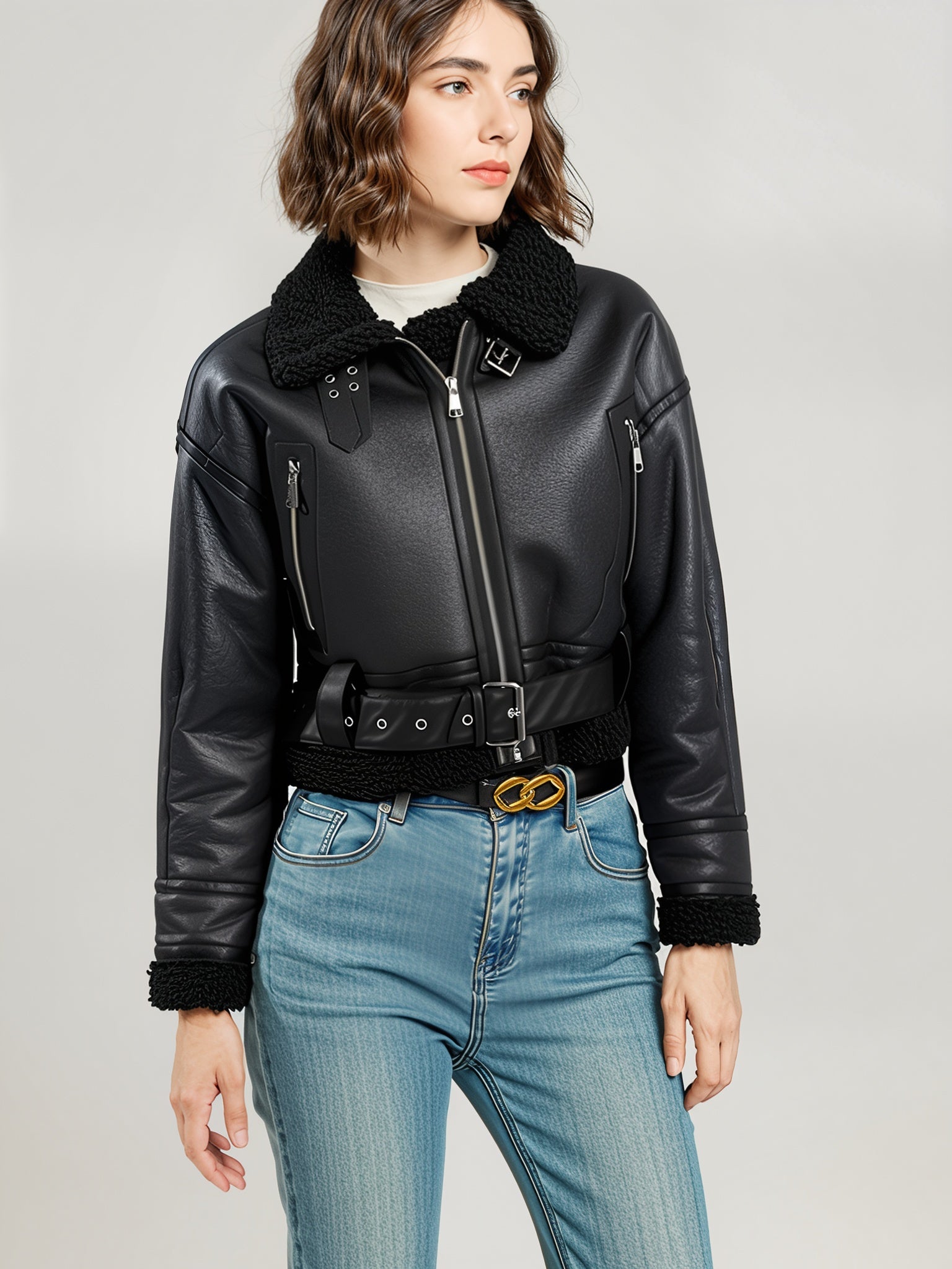 PU Leather Biker Jacket – Belted Fit with Shearling Lining