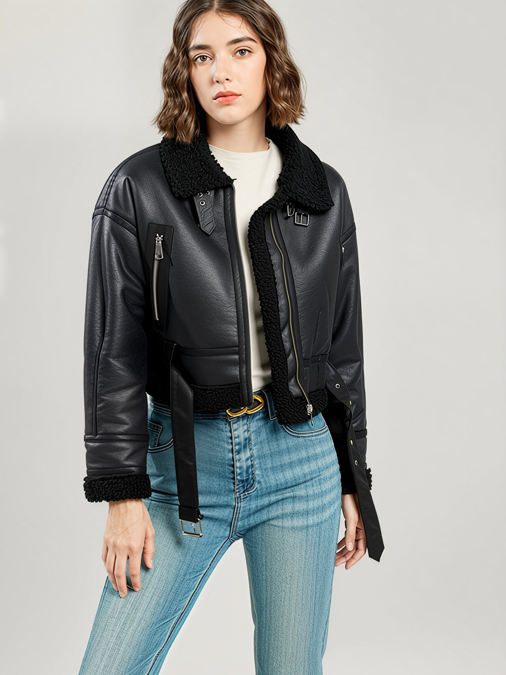 PU Leather Biker Jacket – Belted Fit with Shearling Lining