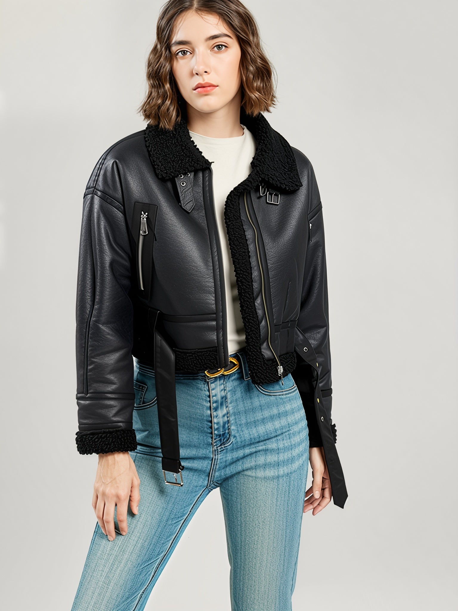 PU Leather Biker Jacket – Belted Fit with Shearling Lining