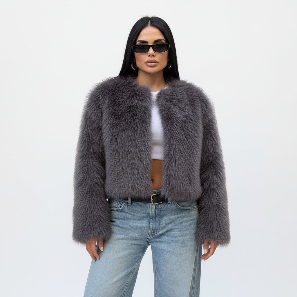 Women's Winter Plush Fur Short Jacket – Thick Casual Outerwear with Pockets, O-Neck