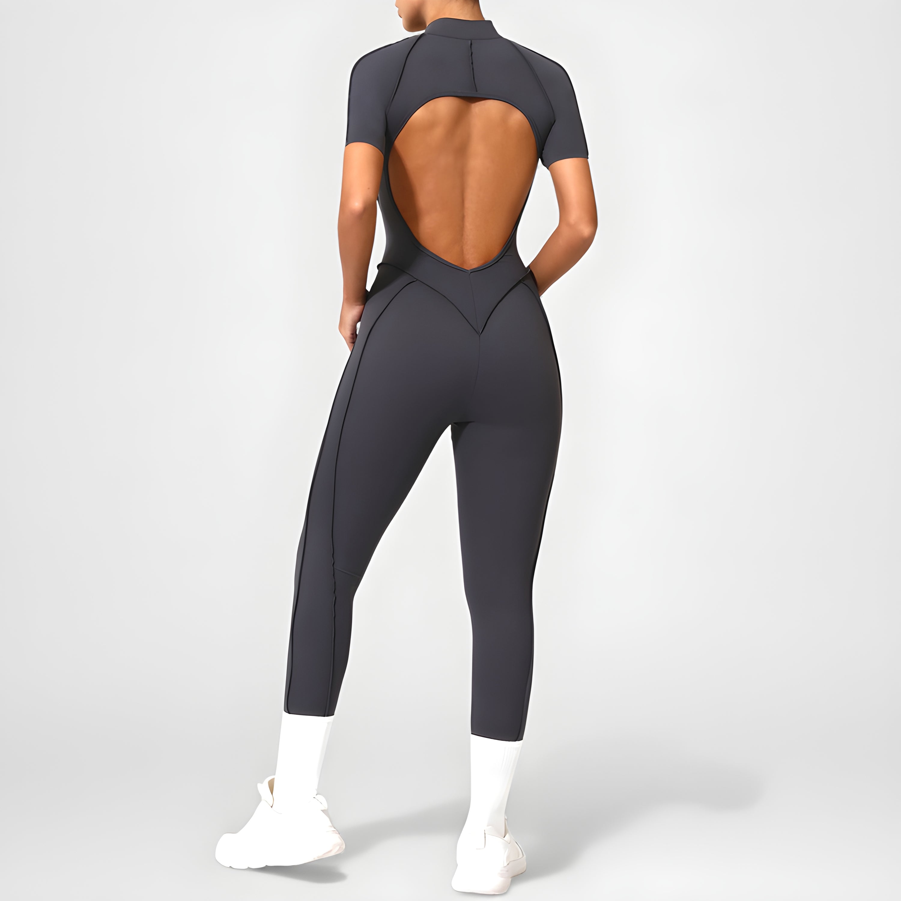 Backless Zip Yoga Jumpsuit -Gray