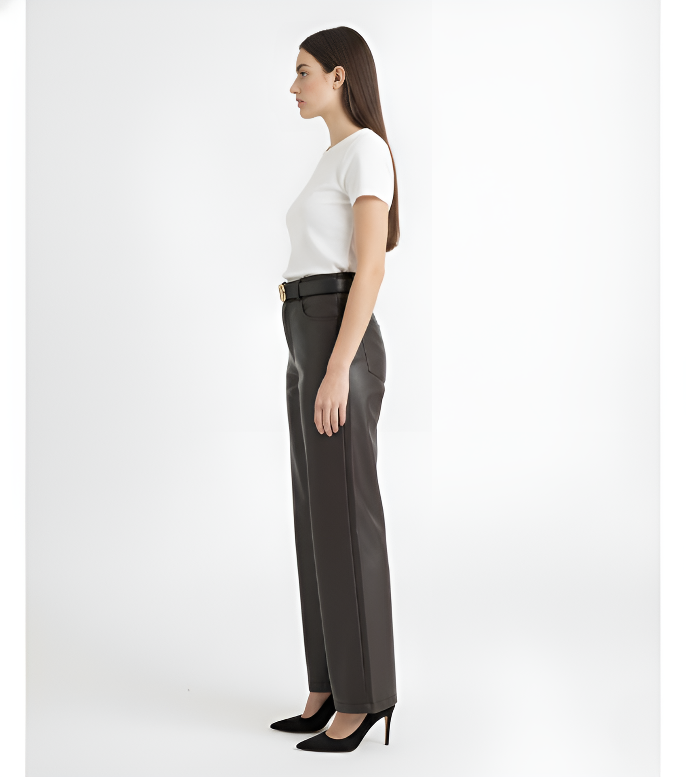 Wide-Leg Leather Pants -Brown