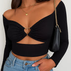 Y2K Heart Ring Crop Top – Black Off Shoulder with Keyhole Front