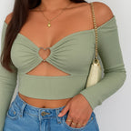 Y2K Heart Ring Crop Top – Black Off Shoulder with Keyhole Front