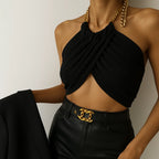 Draperet halterneck crop top – Sort kæderem klubtøj 