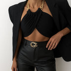 Draperet halterneck crop top – Sort kæderem klubtøj 