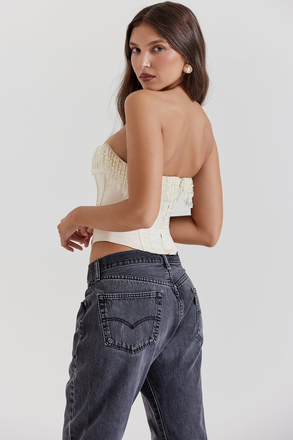Korzetový top Aubrie Pearl Fringe s kosticemi