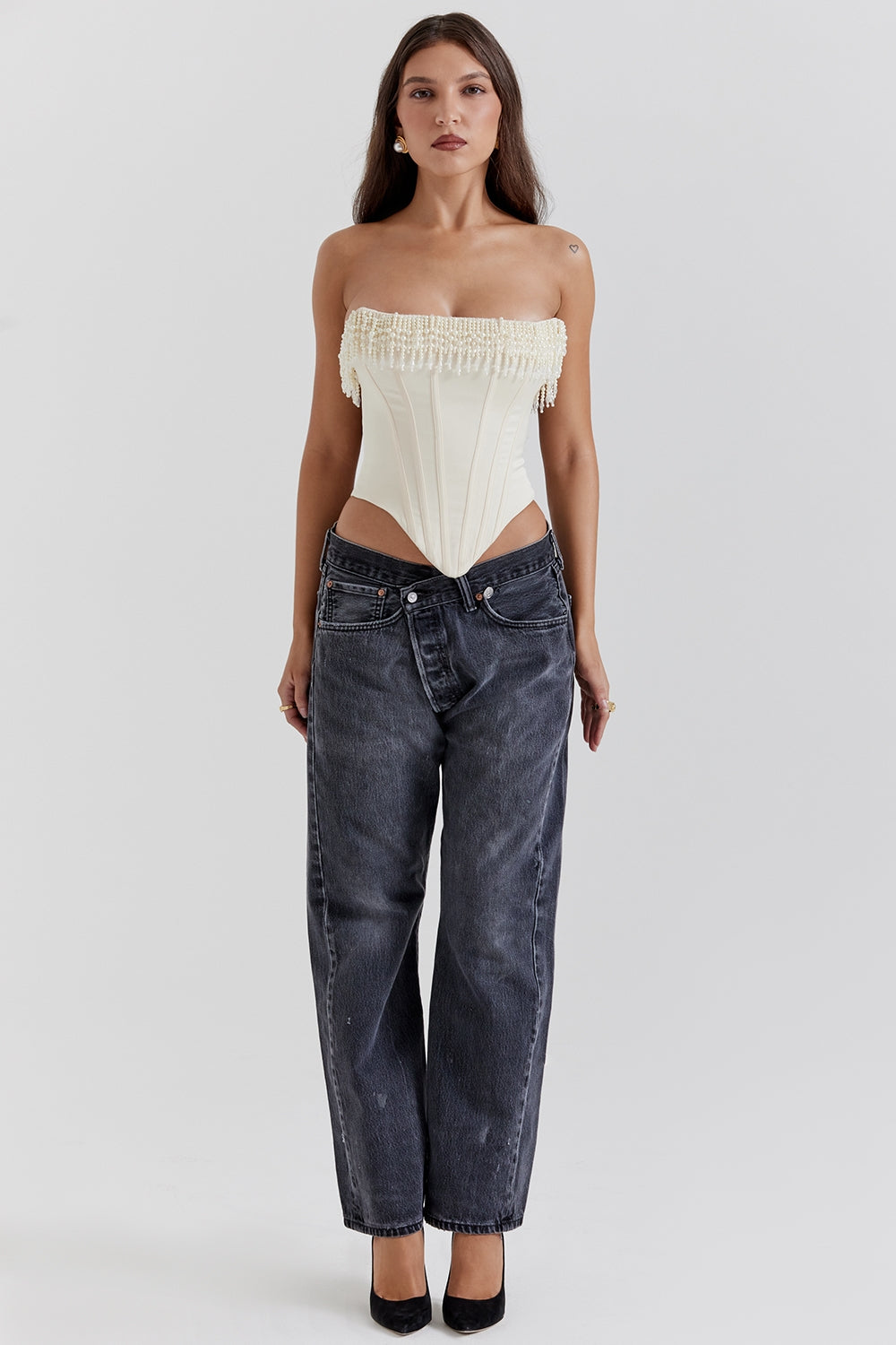 Korzetový top Aubrie Pearl Fringe s kosticemi