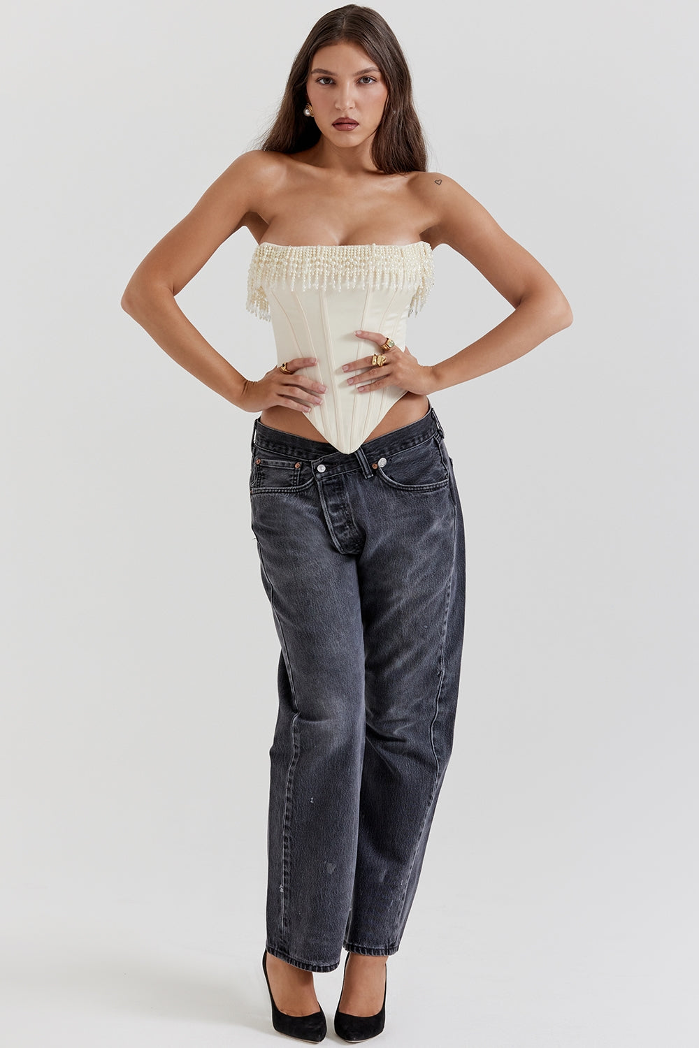 Korzetový top Aubrie Pearl Fringe s kosticemi