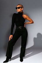 Chic One-Sleeve Bodysuit – High Neck Stretch Fit in Black