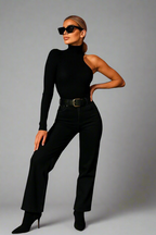 Elegantní body s jedním rukávem – vysoký výstřih, strečový střih, černá