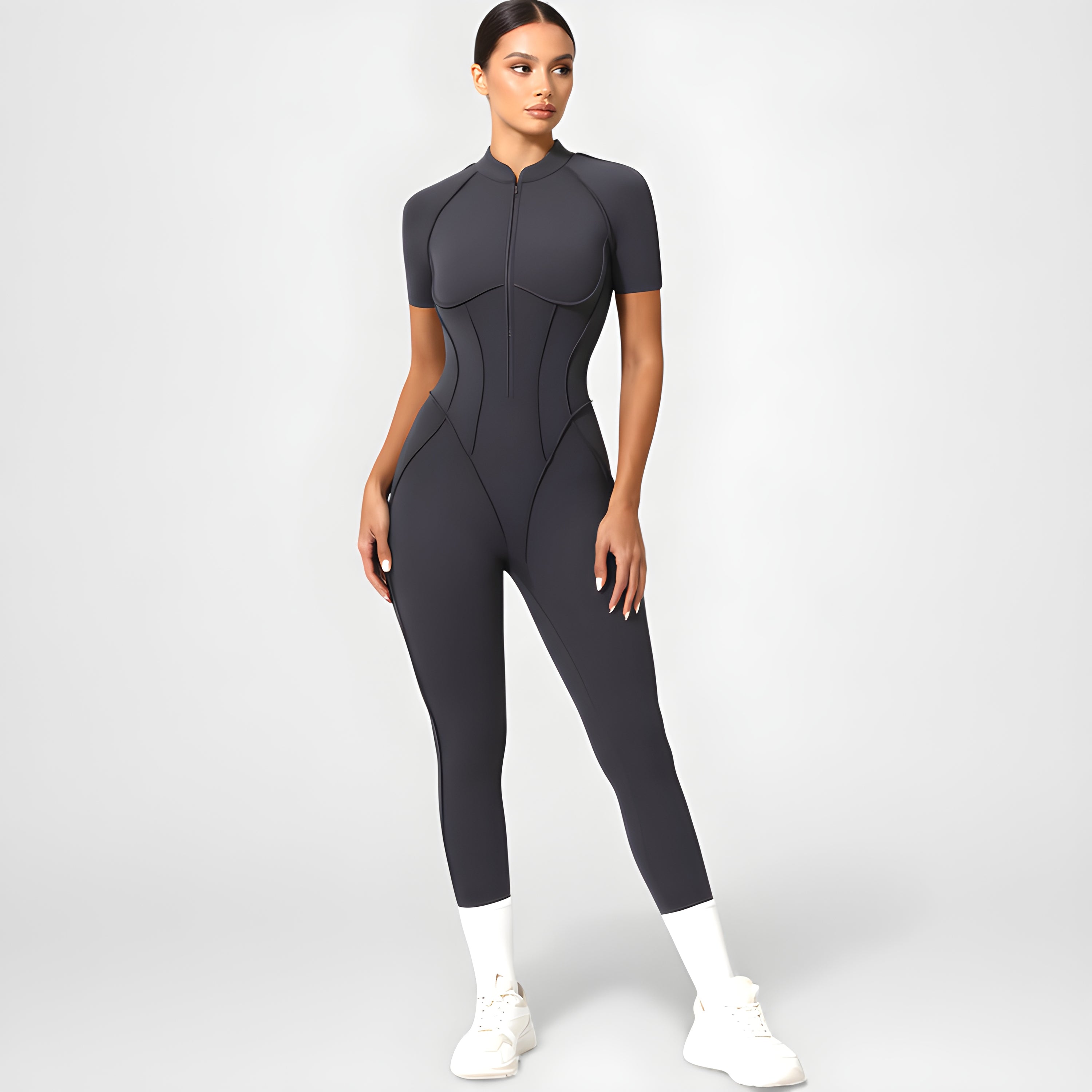Backless Zip Yoga Jumpsuit -Gray