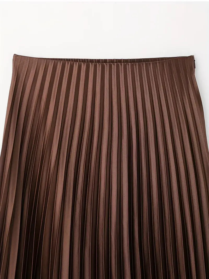 Pleated Elegance Midi Skirt – Flowing High-Waist Design with Subtle Shine