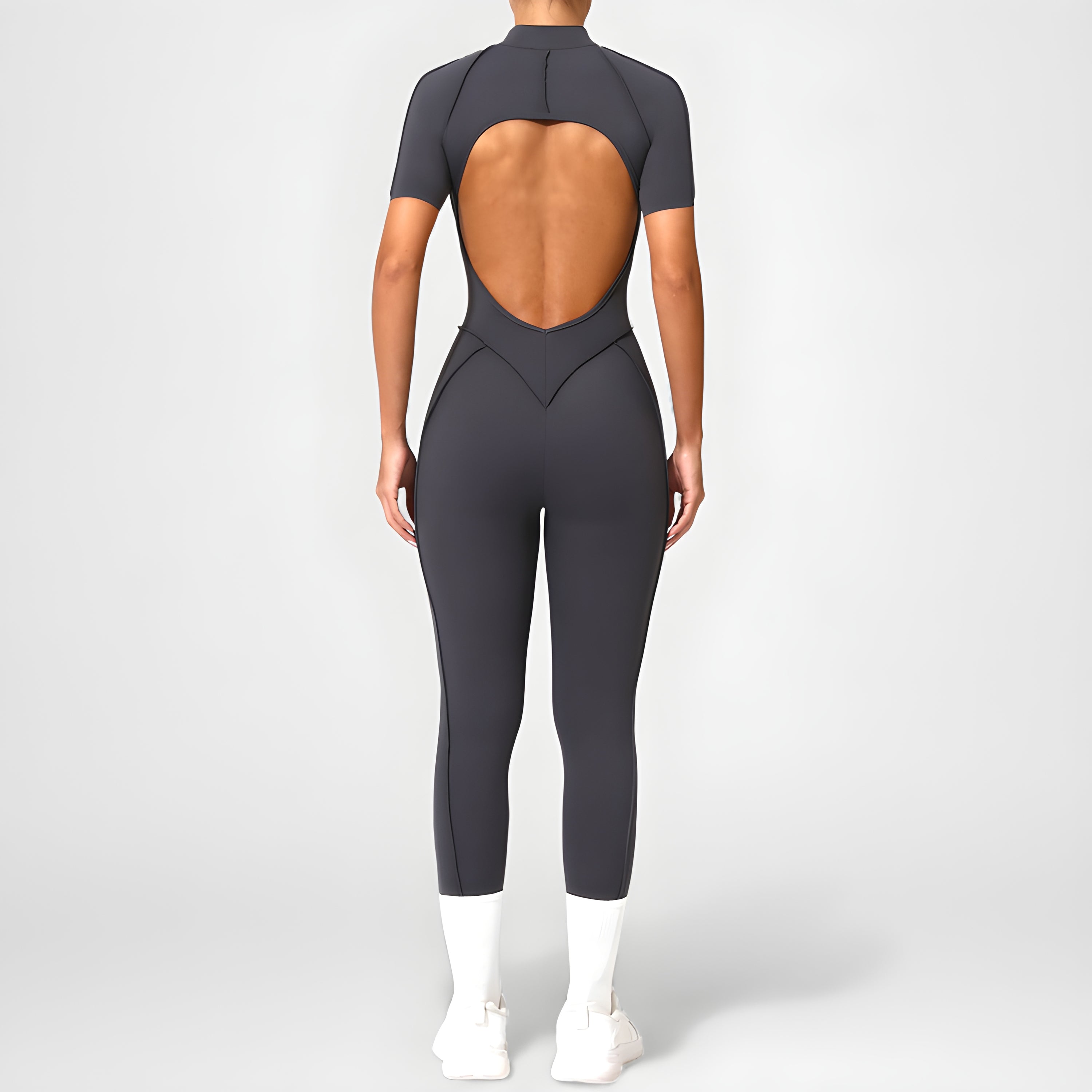 Backless Zip Yoga Jumpsuit -Gray