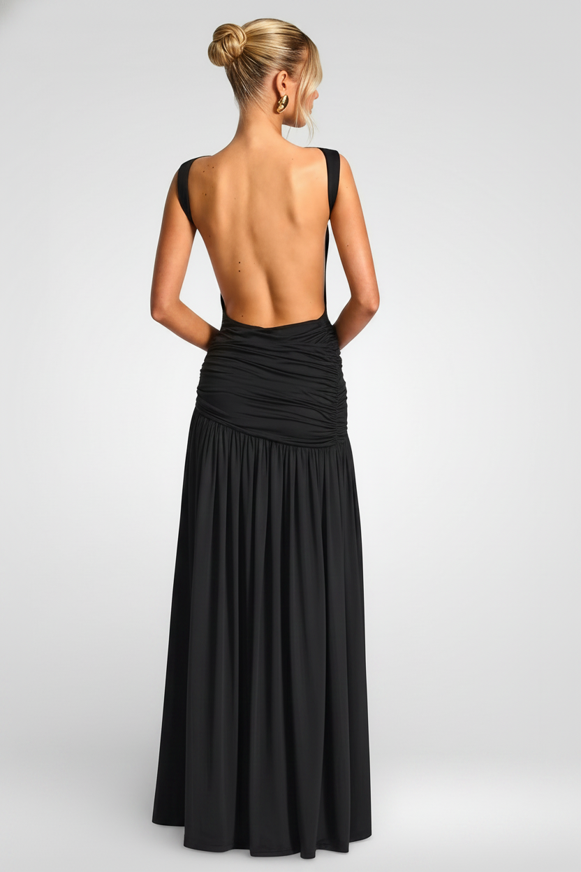 Metal Flower Backless Ruched Maxi Dress