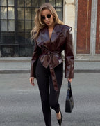 Belted Cropped PU leather Jacket