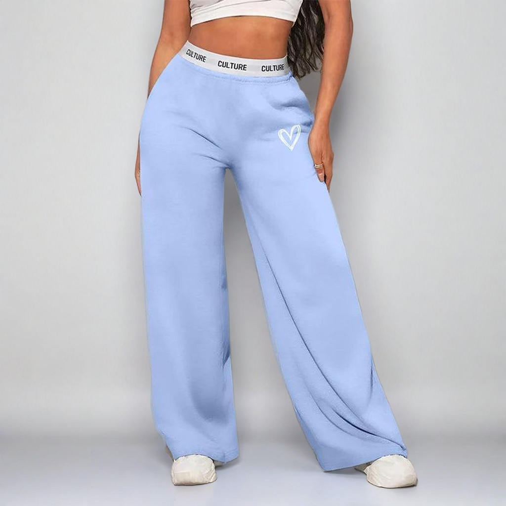 FlowMuse Wide-Leg Lounge Pants – Embroidered Heart & Branded Waistband