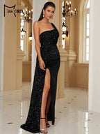 One-Shoulder Sequin Velvet Gown