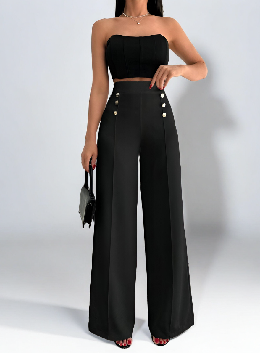 Kalhoty s vysokým pasem a knoflíky – elegantní černý střih rovných nohavic