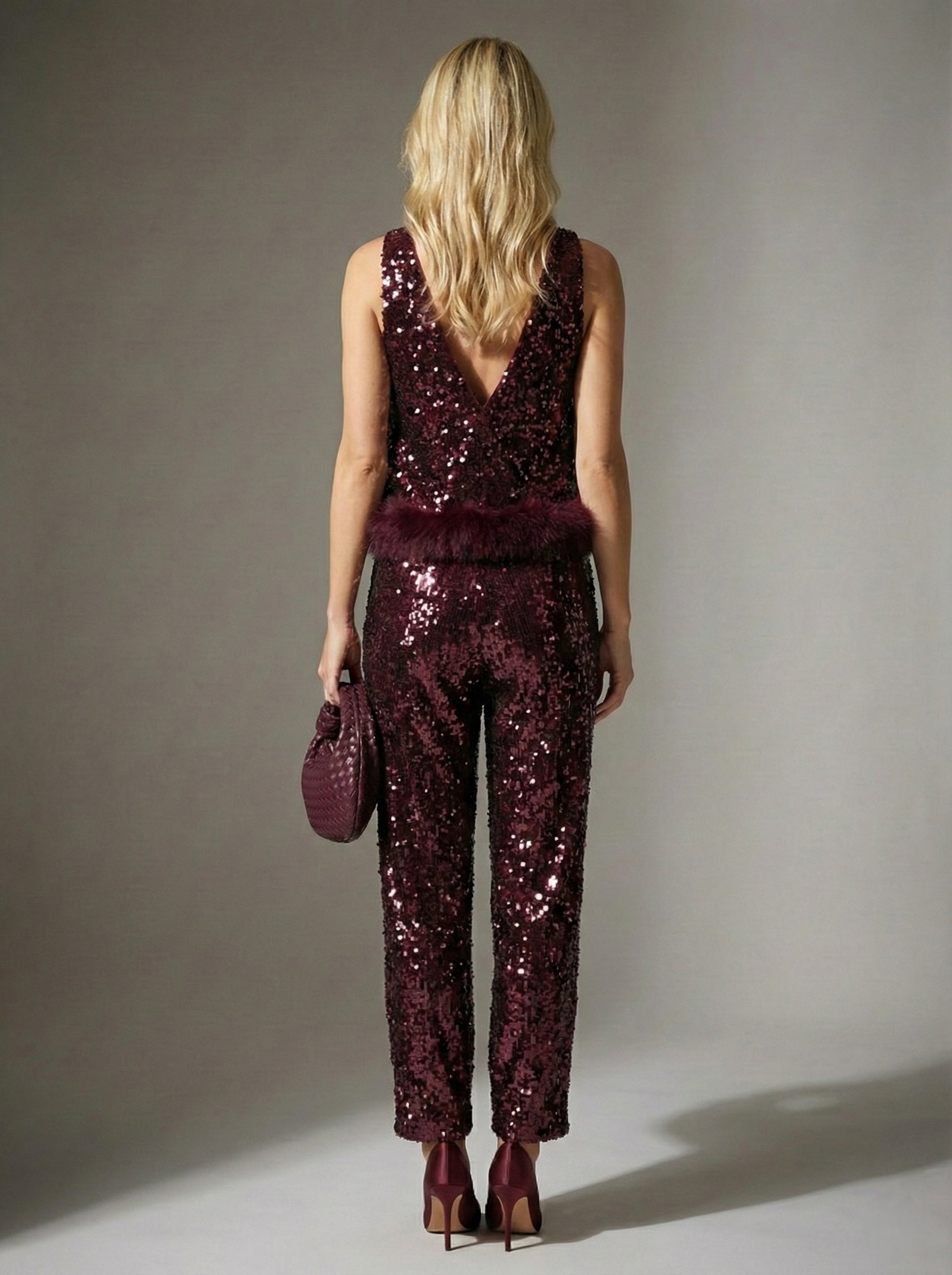 Women's Sequin Two-Piece Set with Feather Trim – Elegant High-Waist Evening Suit