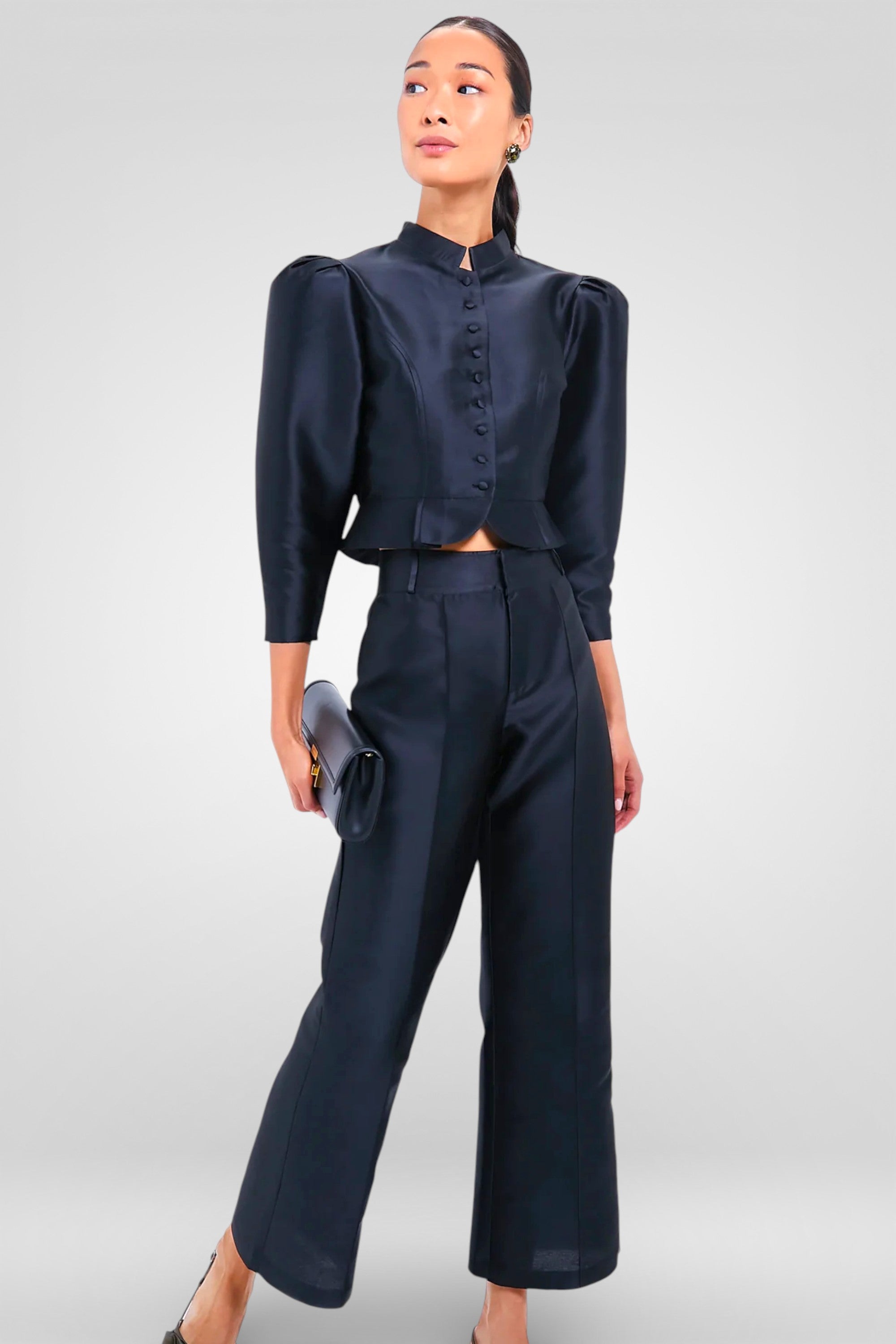 Structured Satin Peplum Blouse -Black