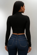 Ribbed Zip Crop Tee – Long Sleeve Stretch Top with Casual Edge