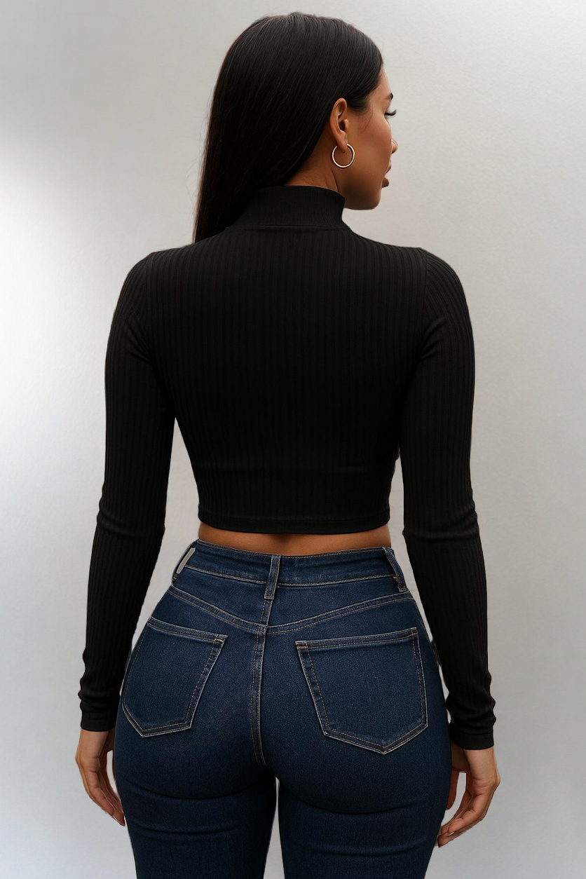 Žebrované zipové krátké tričko – strečový top s dlouhým rukávem a ležérním lemem